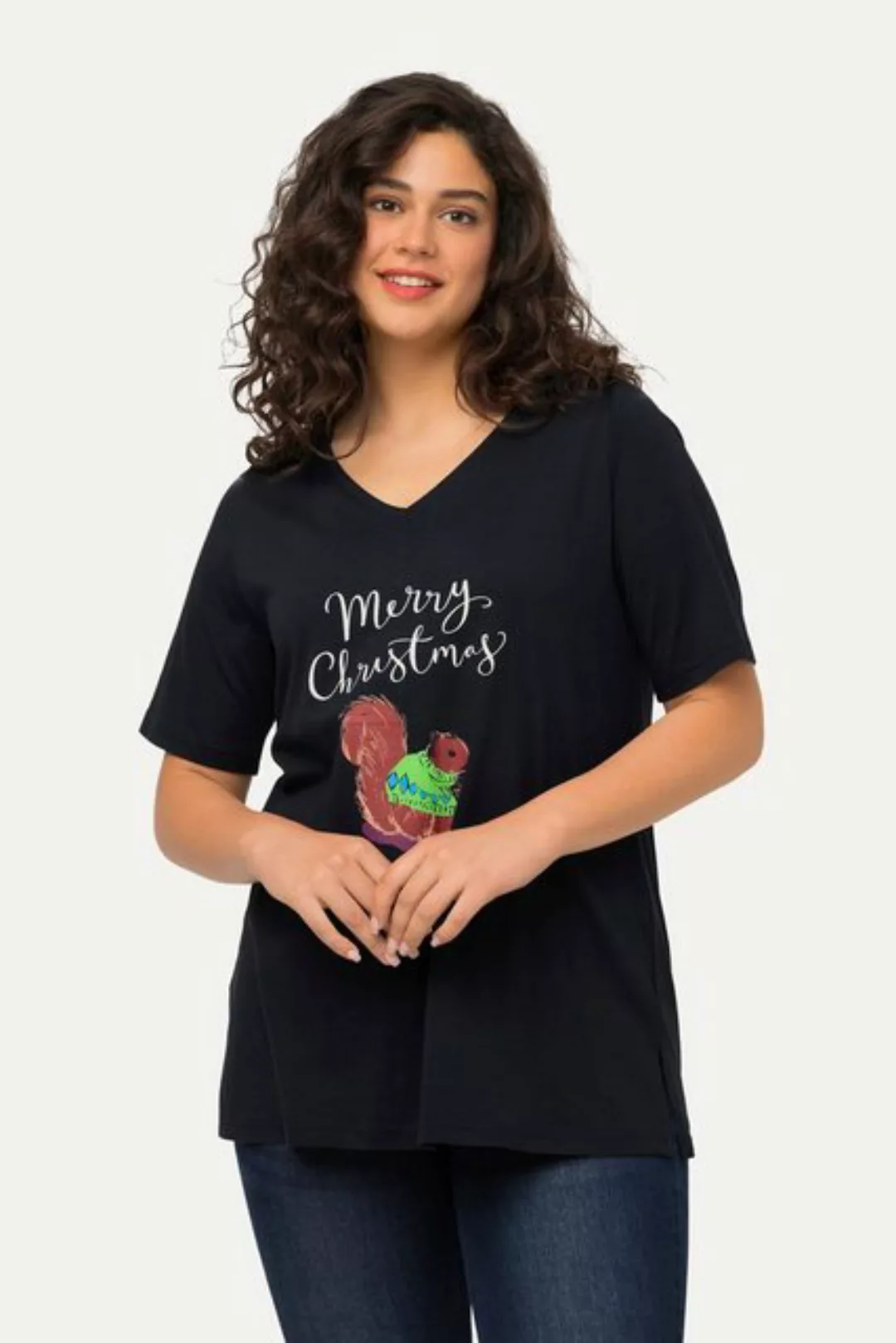 Ulla Popken T-Shirt Weihnachts-Shirt Eichhörnchen V-Ausschnitt Halbarm günstig online kaufen