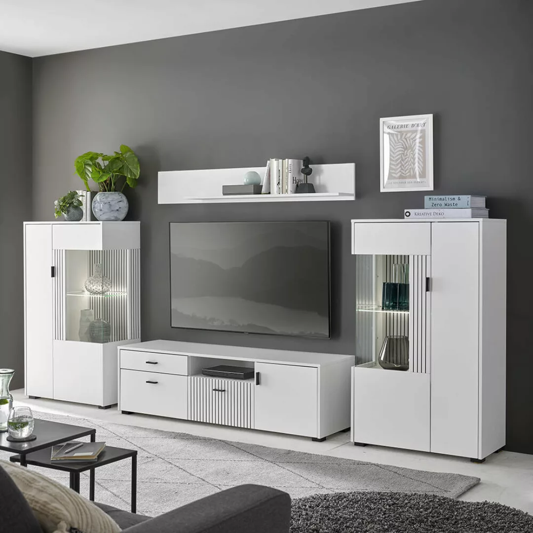 Wohnzimmer Wohnwand mit Beleuchtung weiß matt schwarz gerillt HUNTER-61, 4- günstig online kaufen