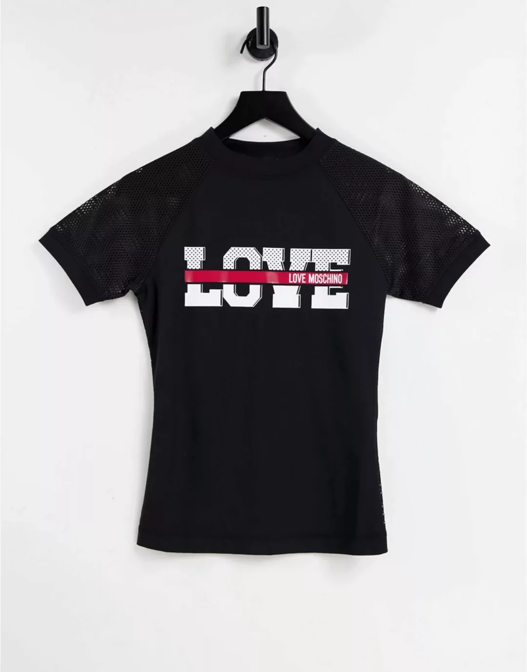 Love Moschino – T-Shirt in Schwarz mit Netzstoffeinsatz und Logo günstig online kaufen