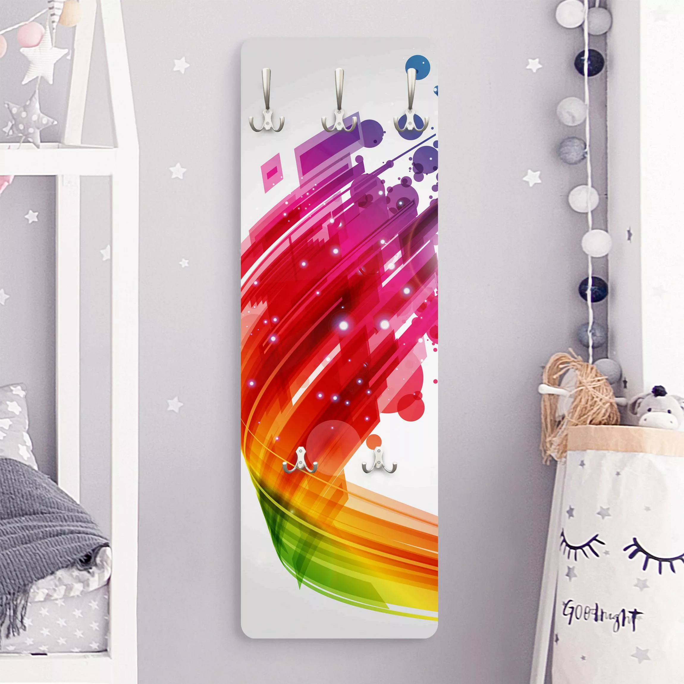 Wandgarderobe Holzpaneel Kinderzimmer Rainbow Wave and Bubbles günstig online kaufen