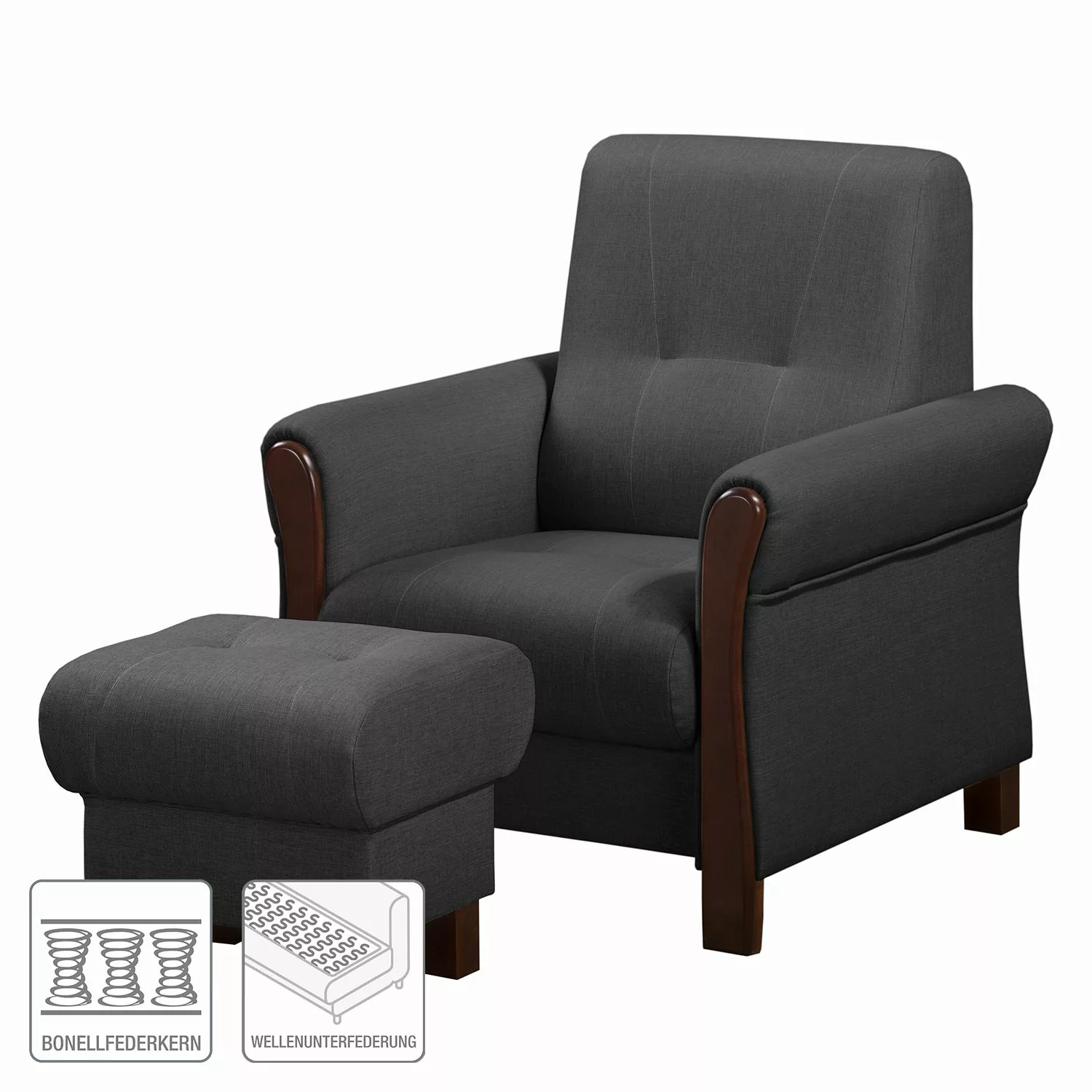 home24 Modoform Sessel Outwell Anthrazit Strukturstoff mit Hocker 80x100x85 günstig online kaufen