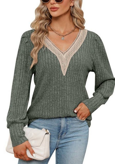 Nebelmeer Strickpullover Herbstfrauenbekleidung V-Ausschnitt Spitzenlockere günstig online kaufen