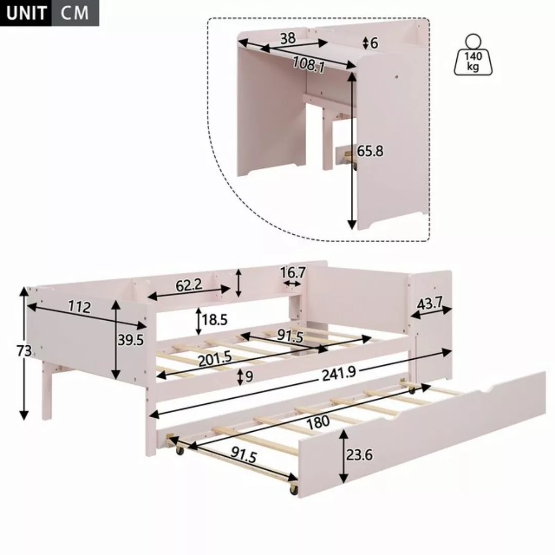 TavilaEcon Kinderbett Flachbett Holzbett aus Kiefer mit Schreibtisch für 2 günstig online kaufen