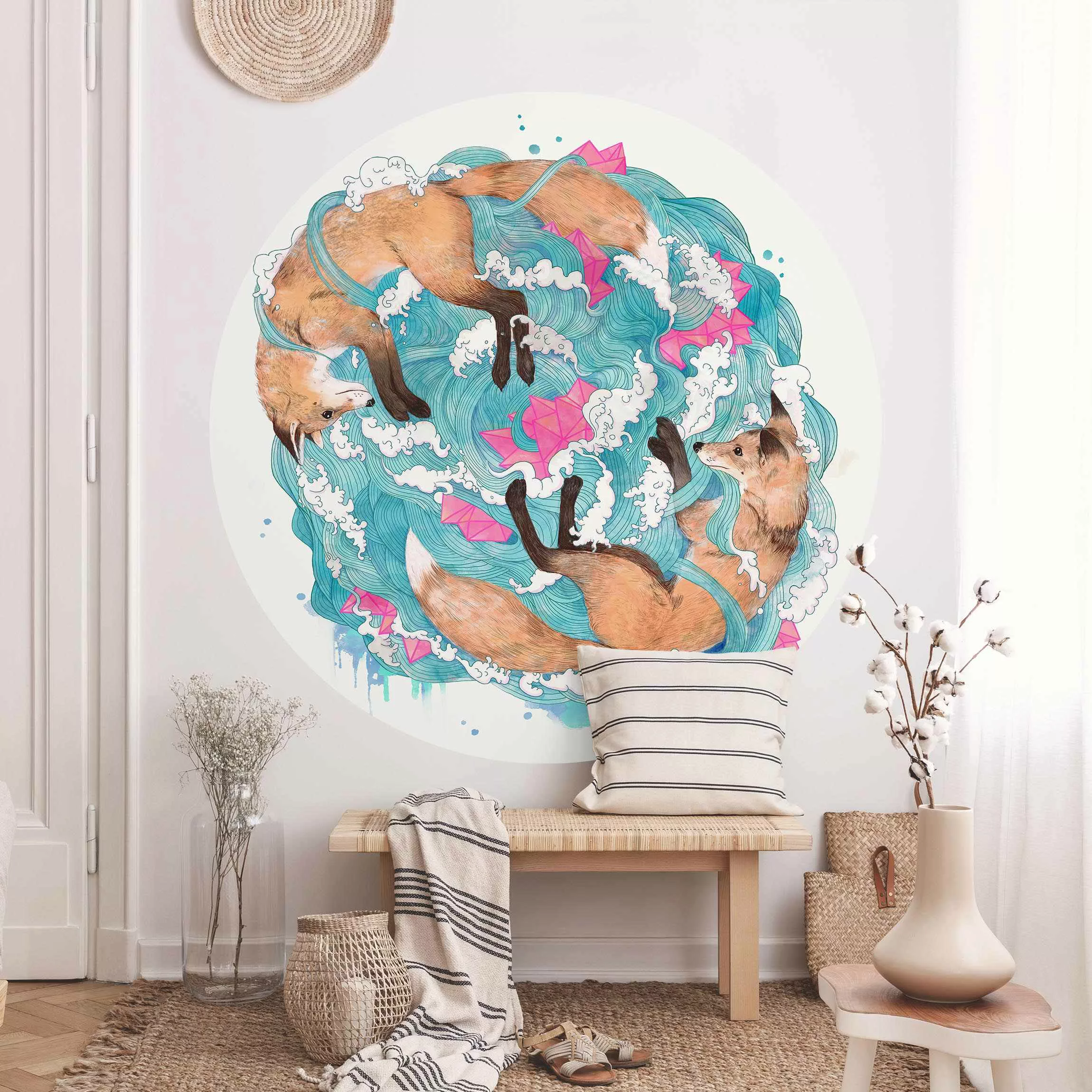 Runde Mustertapete selbstklebend Illustration Füchse und Wellen Malerei günstig online kaufen