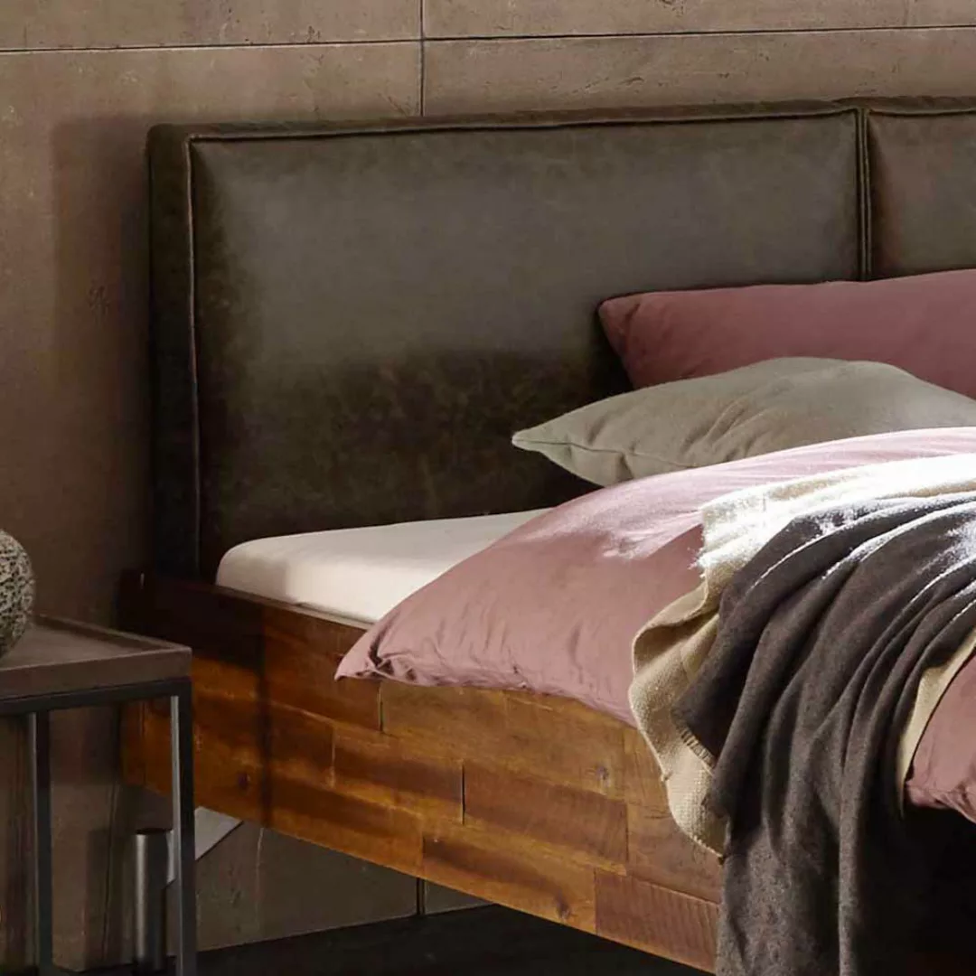 Loft Design Bett aus Akazie Massivholz Polsterkopfteil in Dunkelbraun günstig online kaufen