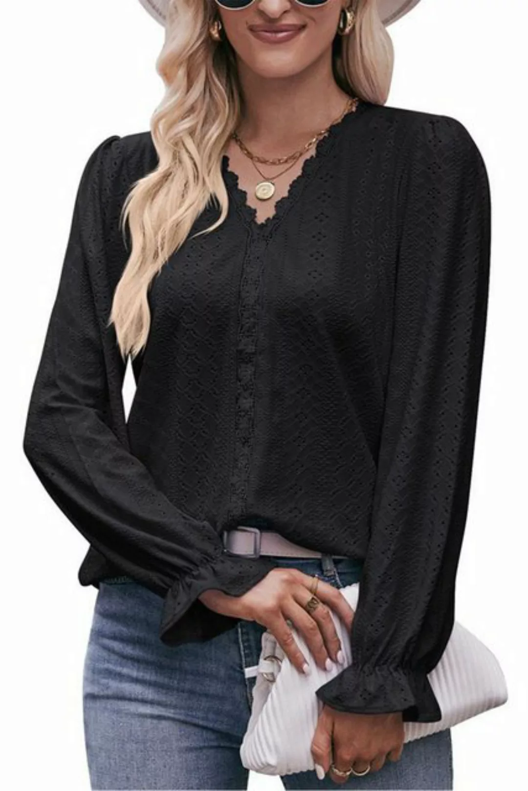 ENIX Langarmbluse Damen-Langarmshirt mit Ösen,V-Ausschnitt,Spitze,Herbst,se günstig online kaufen
