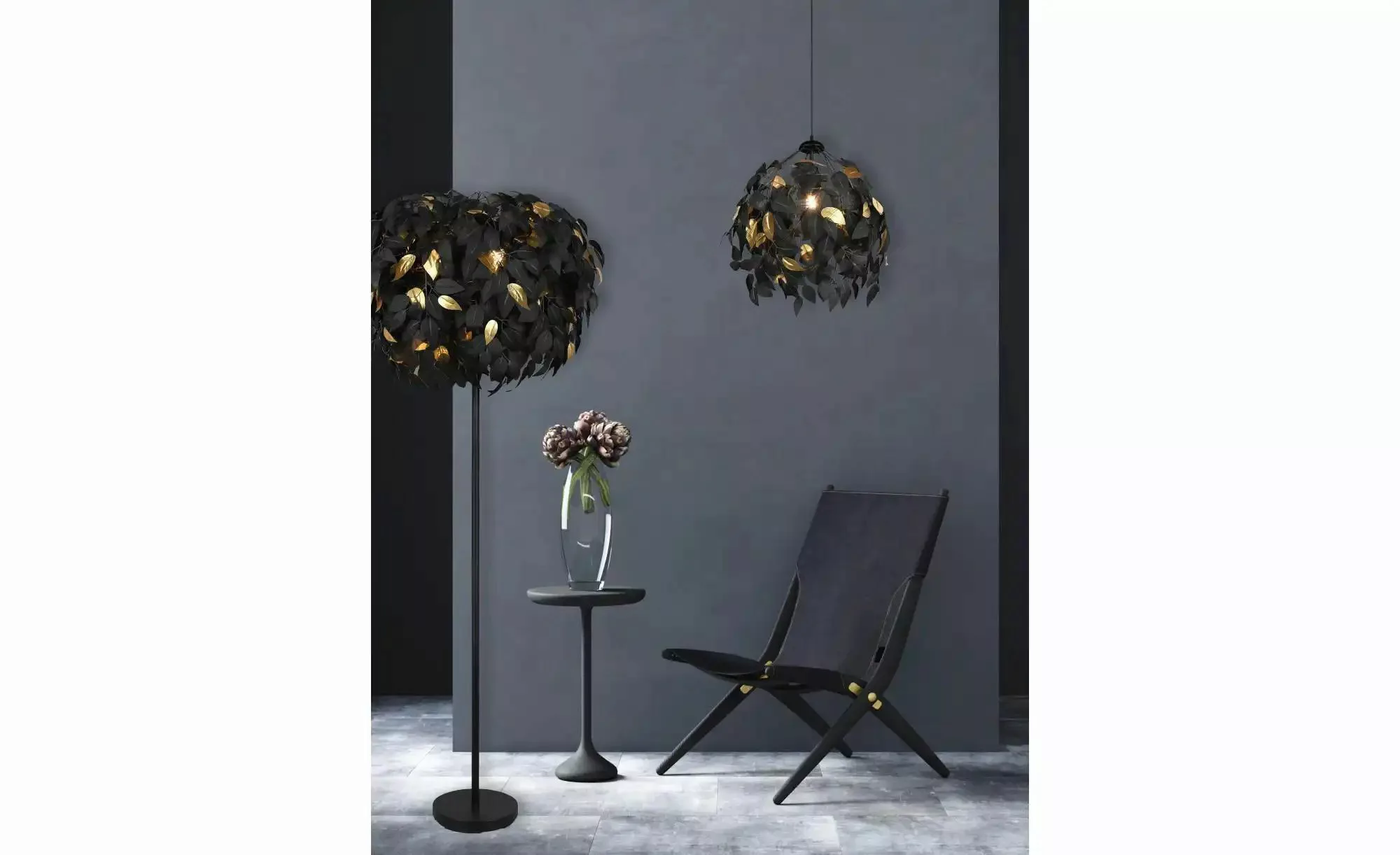 Stehlampe Leavy, schwarz/gold, Höhe 180 cm, Kunststoff günstig online kaufen