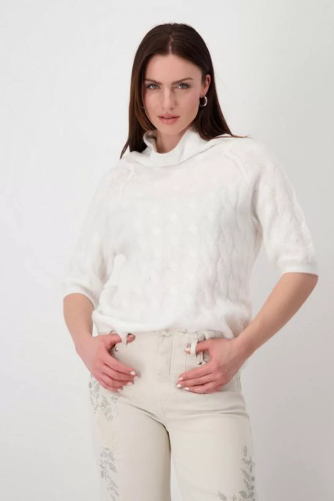 Monari Kurzarmshirt Flauschiger Pullover mit Zopfmuster off-white günstig online kaufen