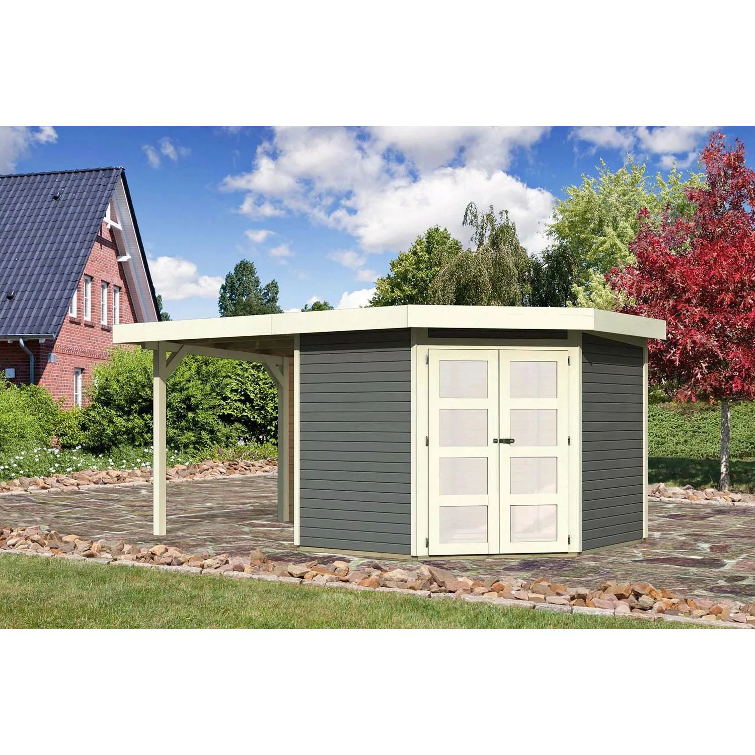 Karibu Holz-Gartenhaus/Gerätehaus Vilsbiburg Terragrau Flachdach Lackiert 2 günstig online kaufen