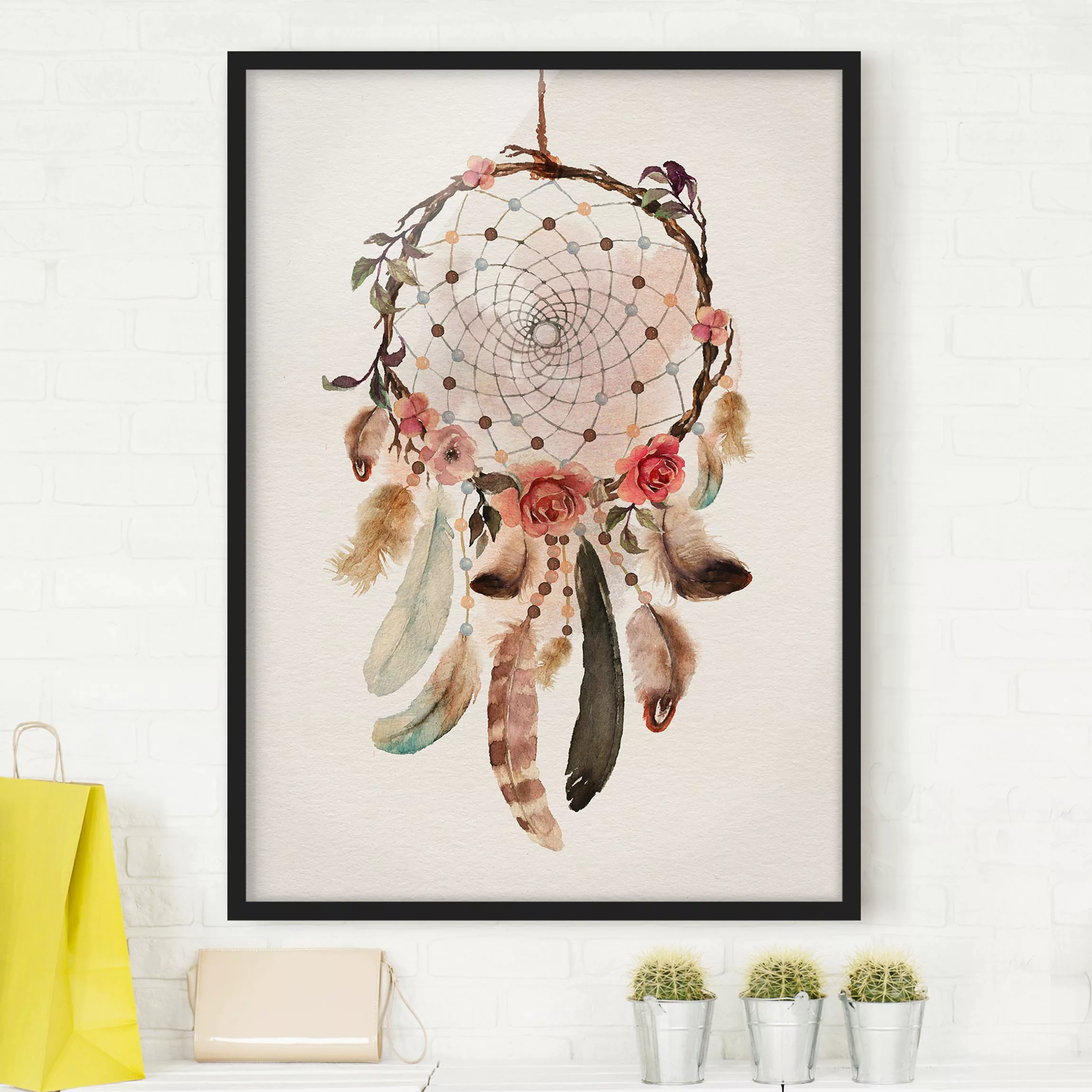 Bild mit Rahmen Kunstdruck - Hochformat Traumfänger mit Perlen günstig online kaufen