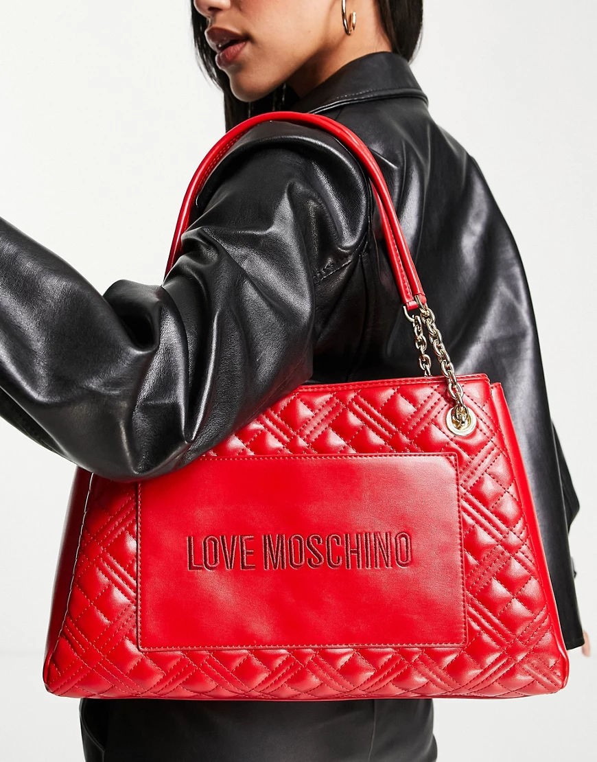 Love Moschino – Gesteppte Tragetasche mit Logo und Kettendetail in Rot günstig online kaufen