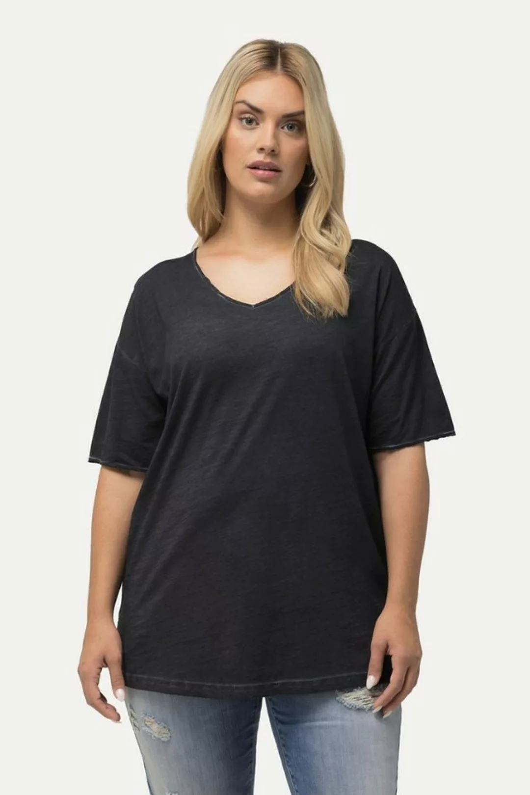 Ulla Popken Rundhalsshirt T-Shirt cold dyed Oversized V-Ausschnitt Halbarm günstig online kaufen