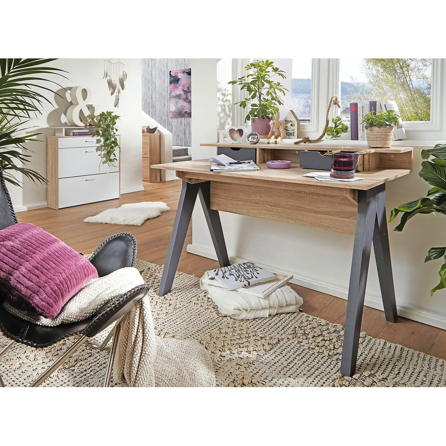 Design Schreibtisch mit Schubladen MASSA Bürotisch Sonoma / Grau 120 cm | K günstig online kaufen
