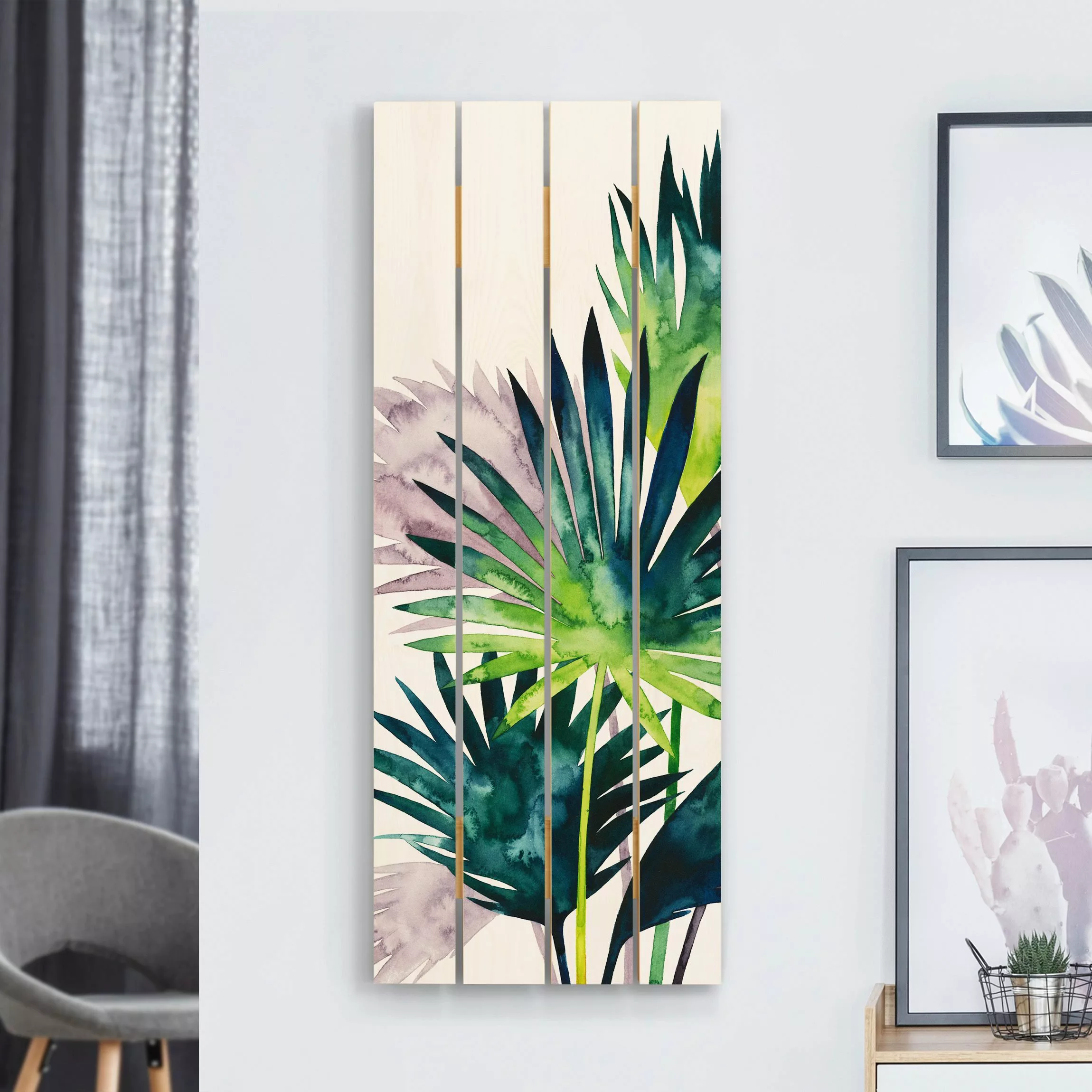 Holzbild Plankenoptik Blumen - Hochformat Exotisches Blattwerk - Fächerpalm günstig online kaufen