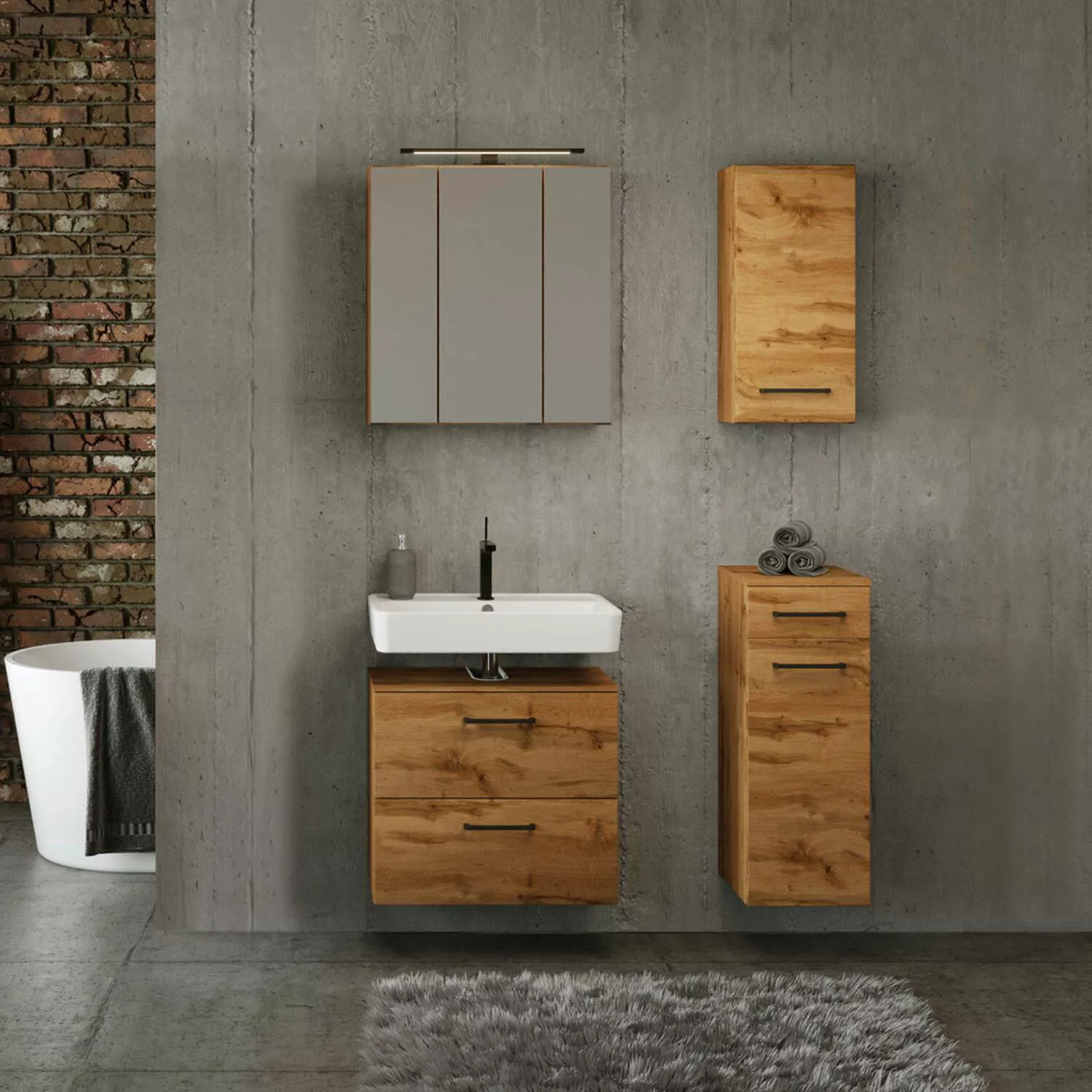 Badezimmer Set in Wotan Eiche Nb. mit Spiegelschrank und LED Beleuchtung, B günstig online kaufen