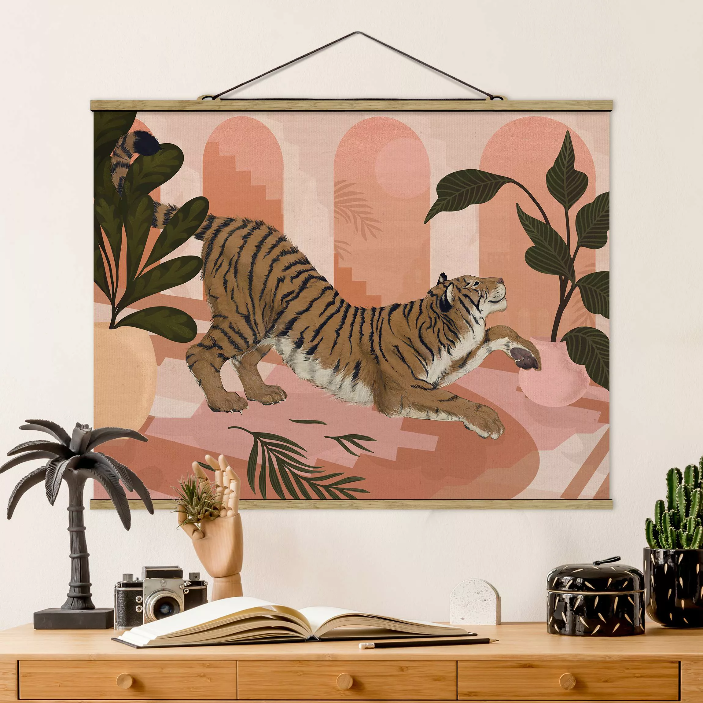 Stoffbild Tiere mit Posterleisten - Querformat Illustration Tiger in Pastel günstig online kaufen