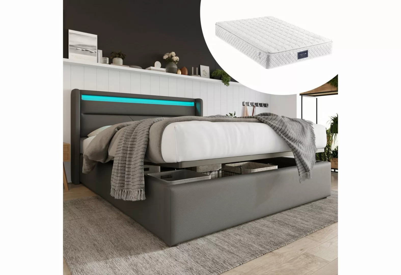 MODFU Polsterbett Doppelbett Bettgestell Stauraumbett mit LED-Beleuchtungsl günstig online kaufen