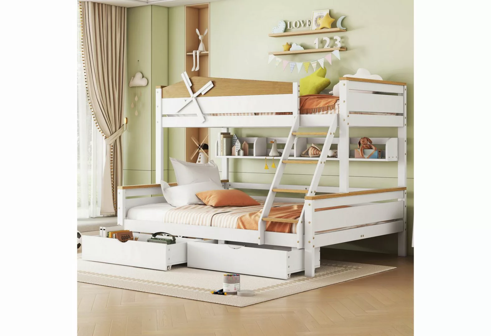 REDOM Etagenbett Kinderbett mit Windmühle, mit Regalen (mit farblich abgese günstig online kaufen
