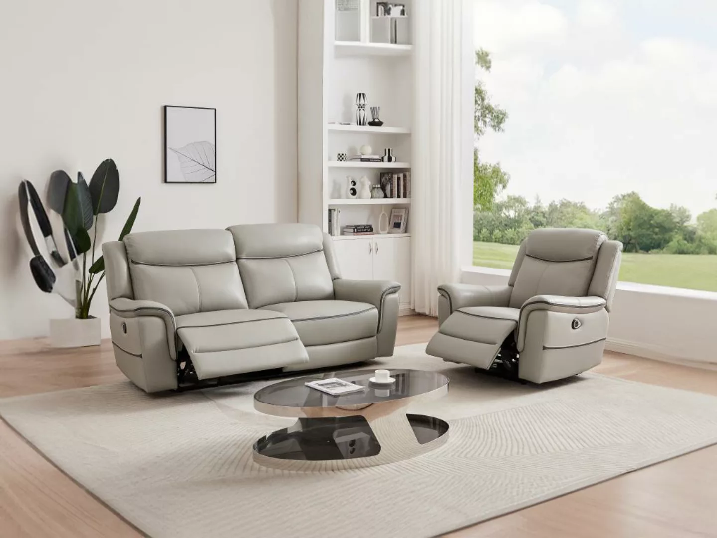 Relaxsofa 3-Sitzer & Relaxsessel elektrisch - Leder - Hellgrau - ADELIO günstig online kaufen