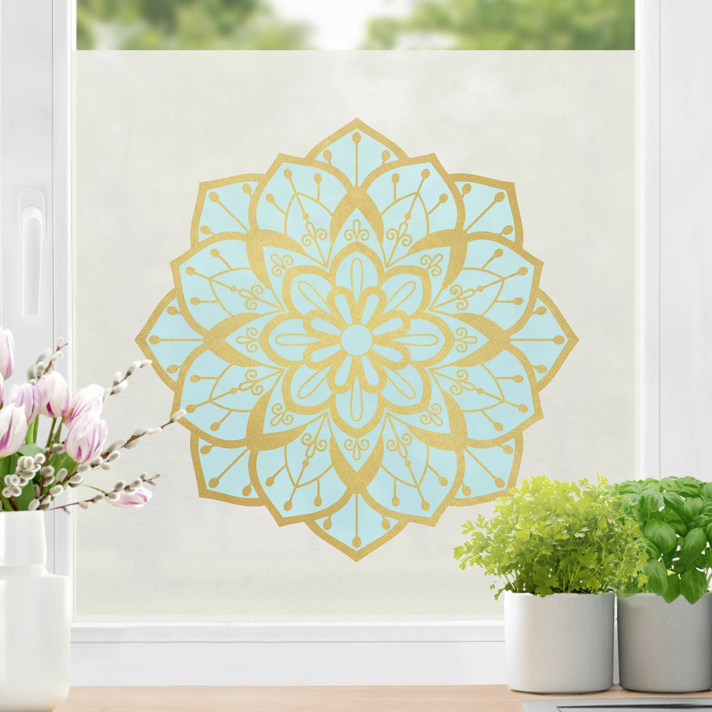 Fensterfolie Mandala Illustration Blüte hellblau gold günstig online kaufen
