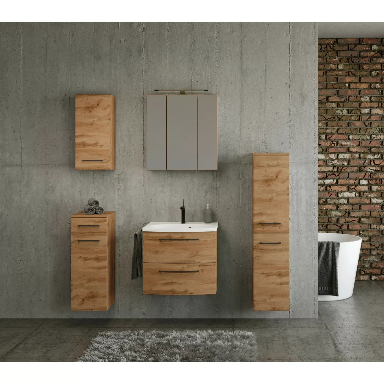 Held Möbel Waschtisch-Set Florenz 60 cm x 200 cm x 45 cm Wotaneiche günstig online kaufen