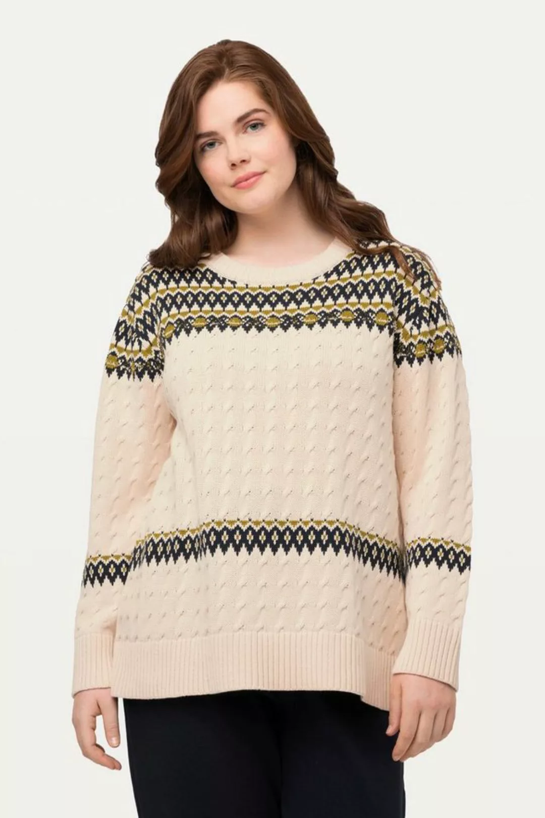 Ulla Popken Strickpullover Pullover Fair Isle Rundhals Langarm Biobaumwolle günstig online kaufen