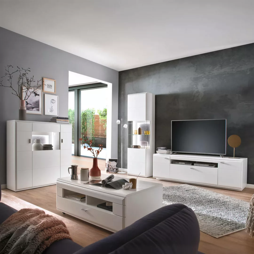 Wohnwand weiß matt ALIA-05 modern 4-teilig mit Highboard und Couchtisch günstig online kaufen