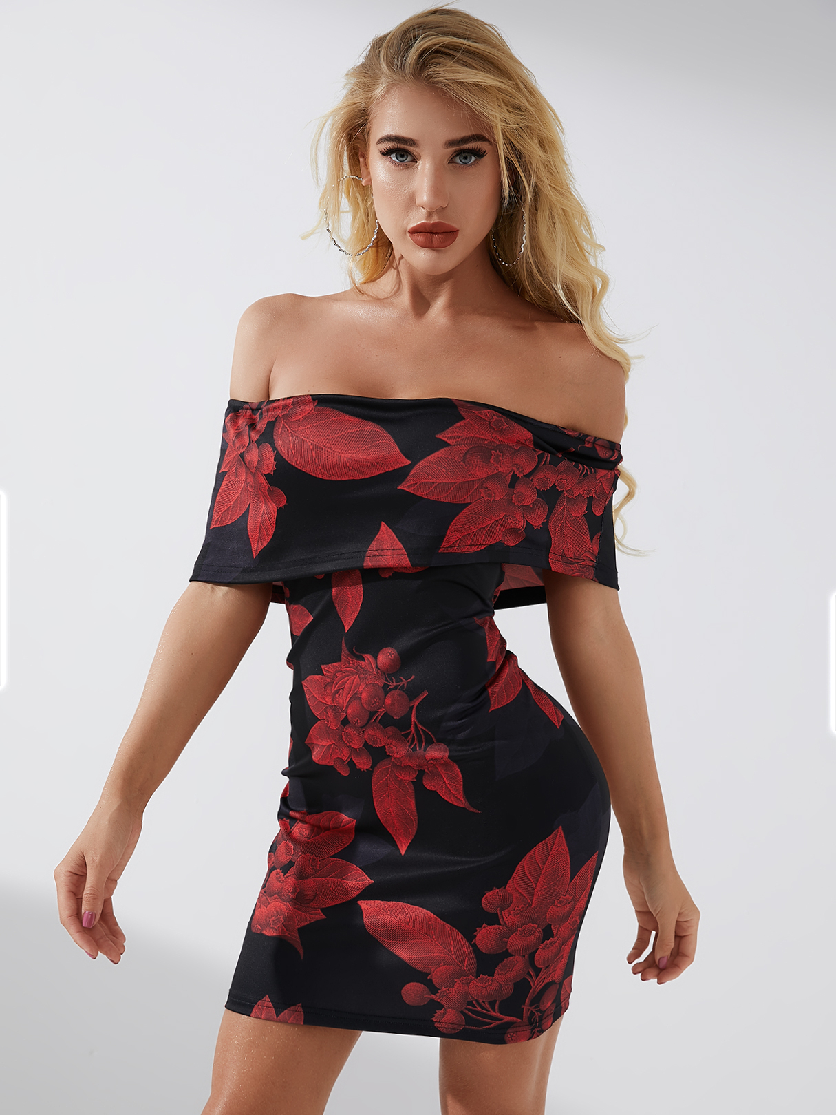 YOINS Black Random Floral Print Off-the-Shoulder-Overlay Kleid günstig online kaufen