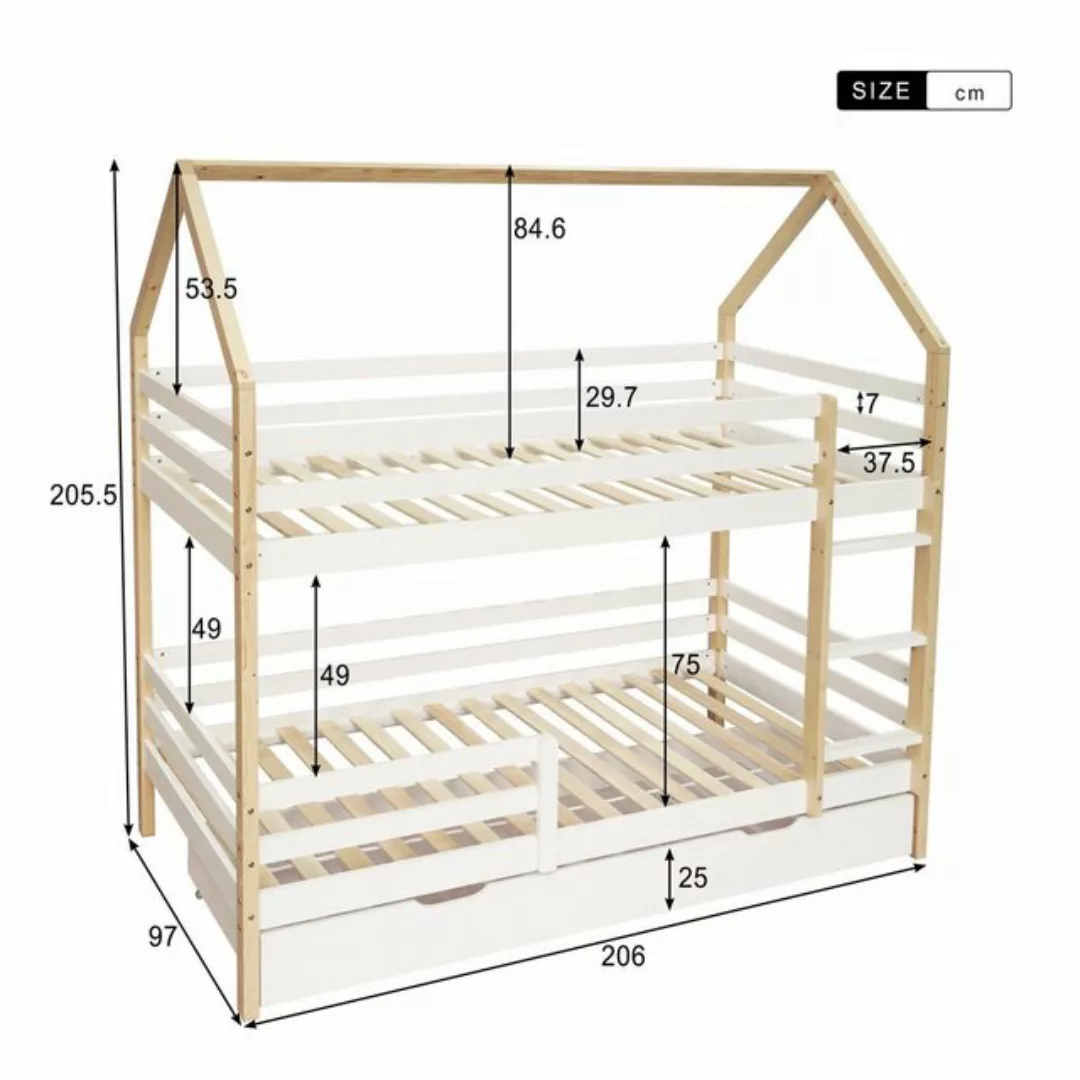 Odikalo Kinderbett Etagenbett, Hausform, große Schubladen, Kiefernholz, 90x günstig online kaufen