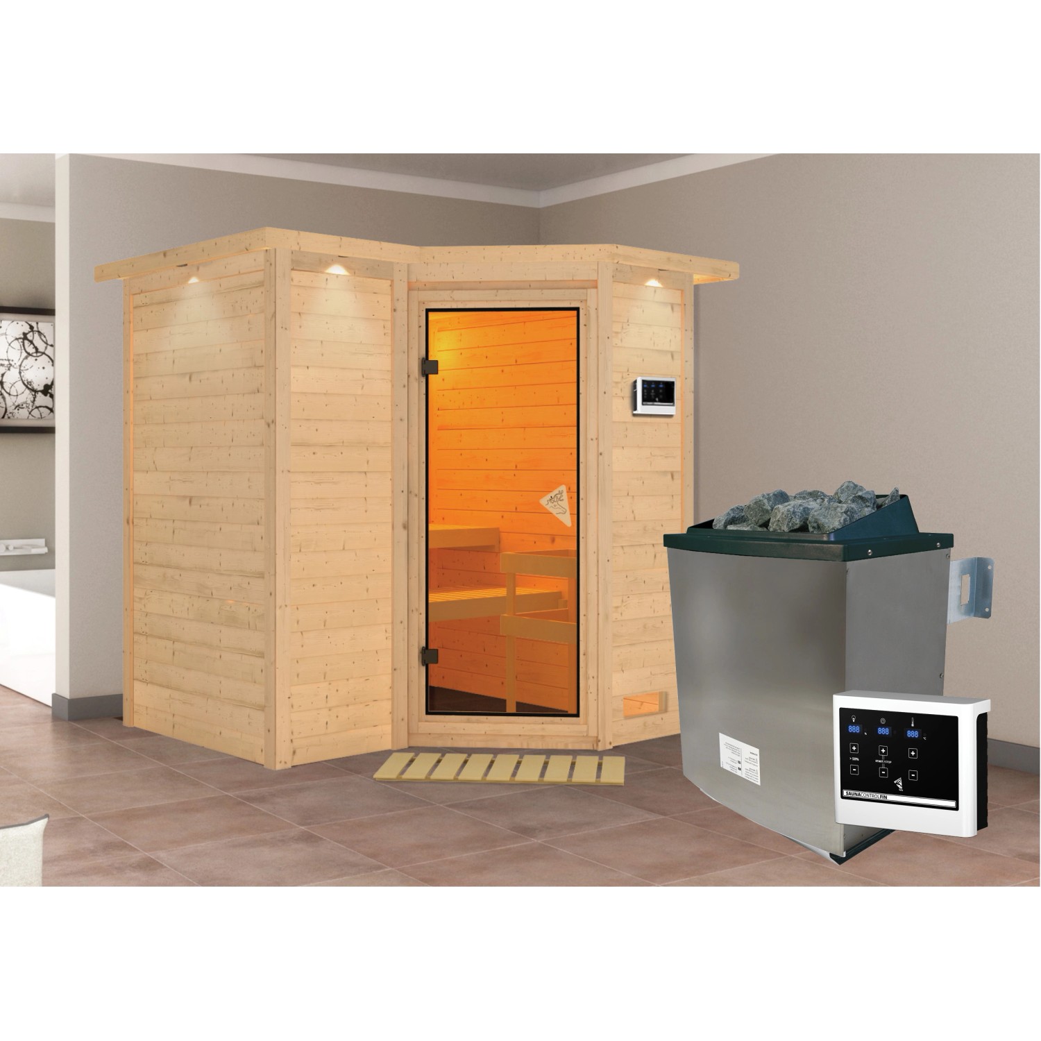 Woodfeeling Sauna Steena 1 inkl. Edelstahl-Ofen 9 kW mit ext. Steuerung, Da günstig online kaufen