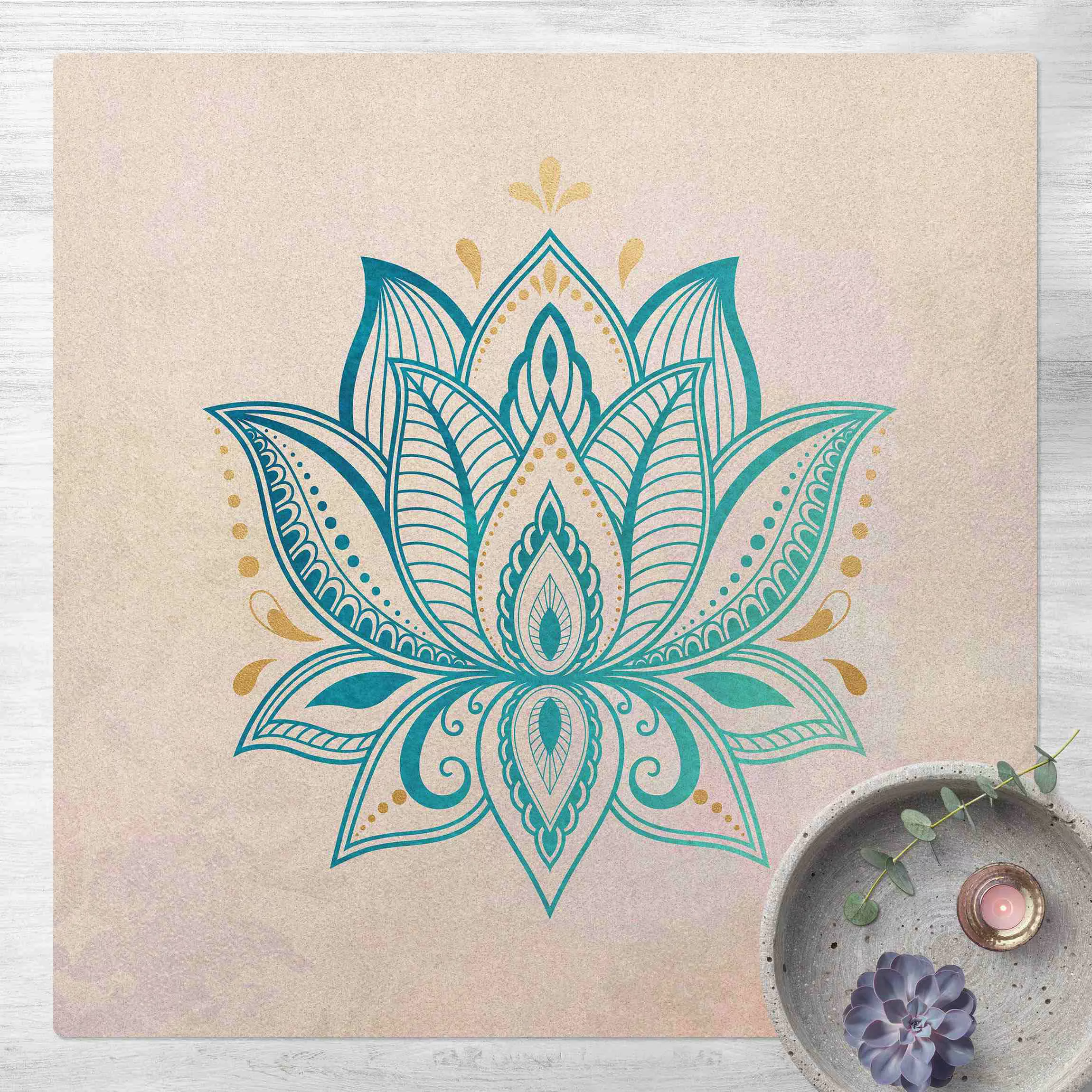 Kork-Teppich Lotus Illustration Mandala gold blau günstig online kaufen