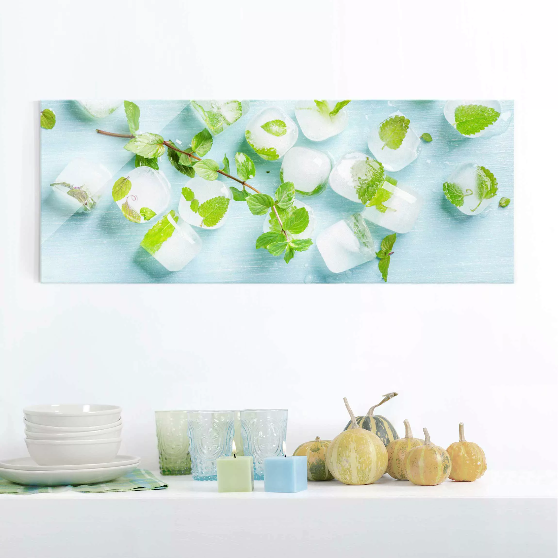 Glasbild Küche - Panorama Eiswürfel mit Minzblättern günstig online kaufen