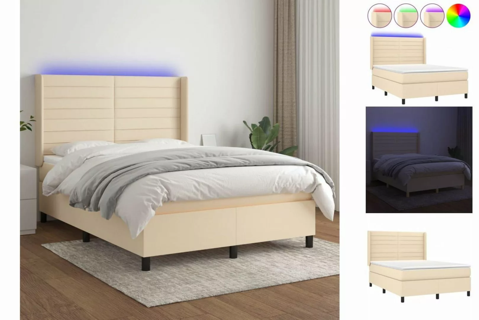 vidaXL Boxspringbett Boxspringbett mit Matratze LED Creme 140x200 cm Stoff günstig online kaufen