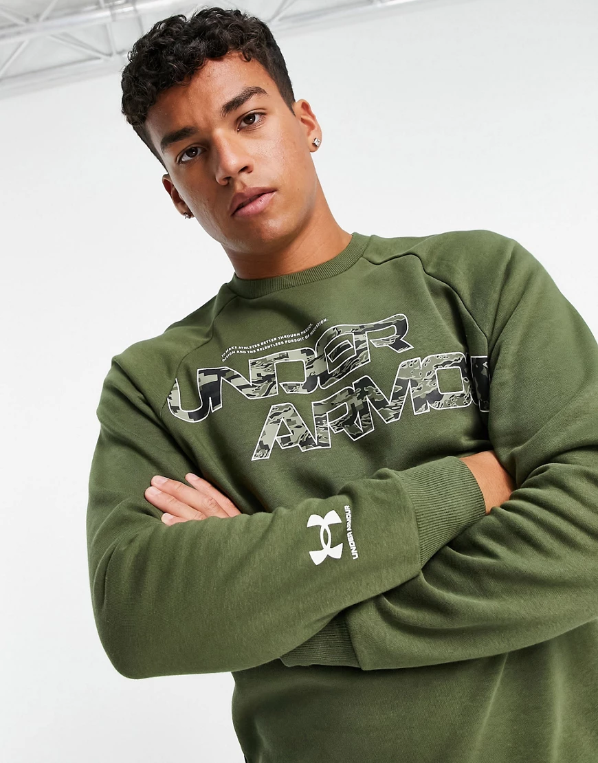 Under Armour – Rival – Fleece-Pullover mit Rundhalsausschnitt, Military-Mus günstig online kaufen