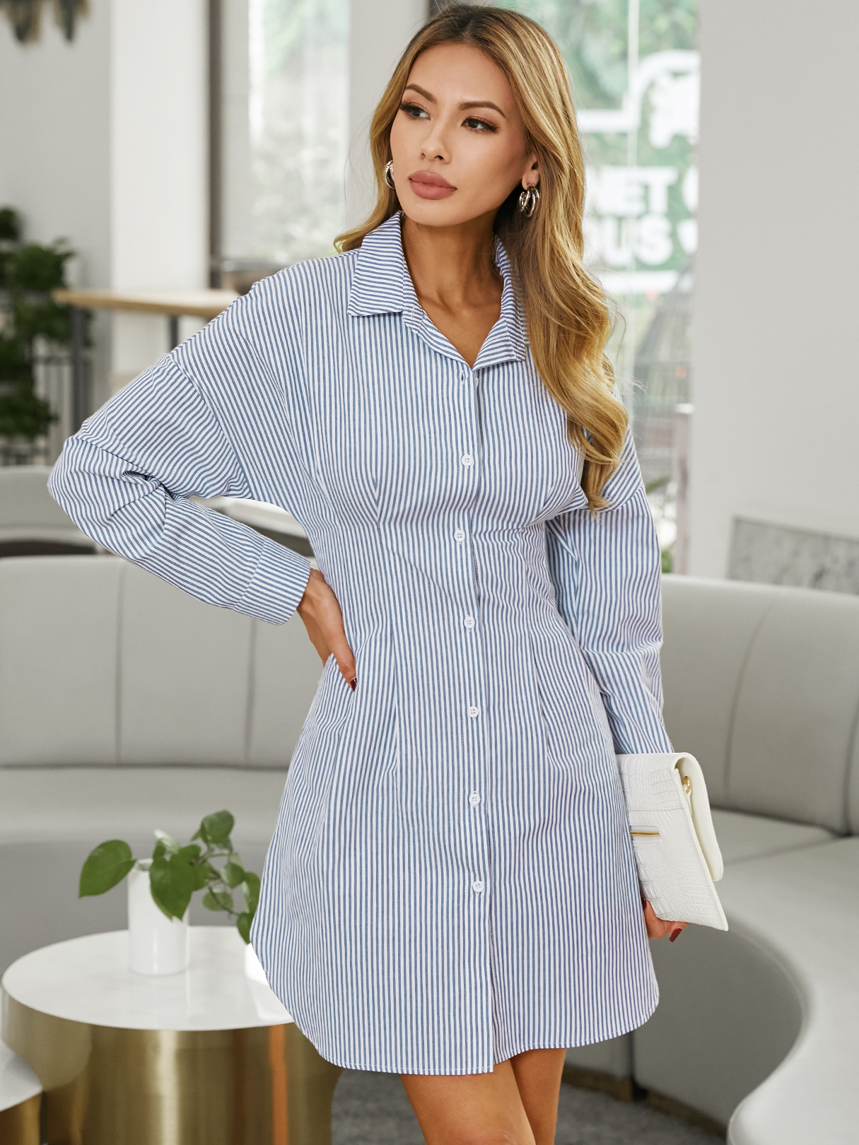 YOINS Striped Button Front Lange Ärmel Mini Kleid günstig online kaufen
