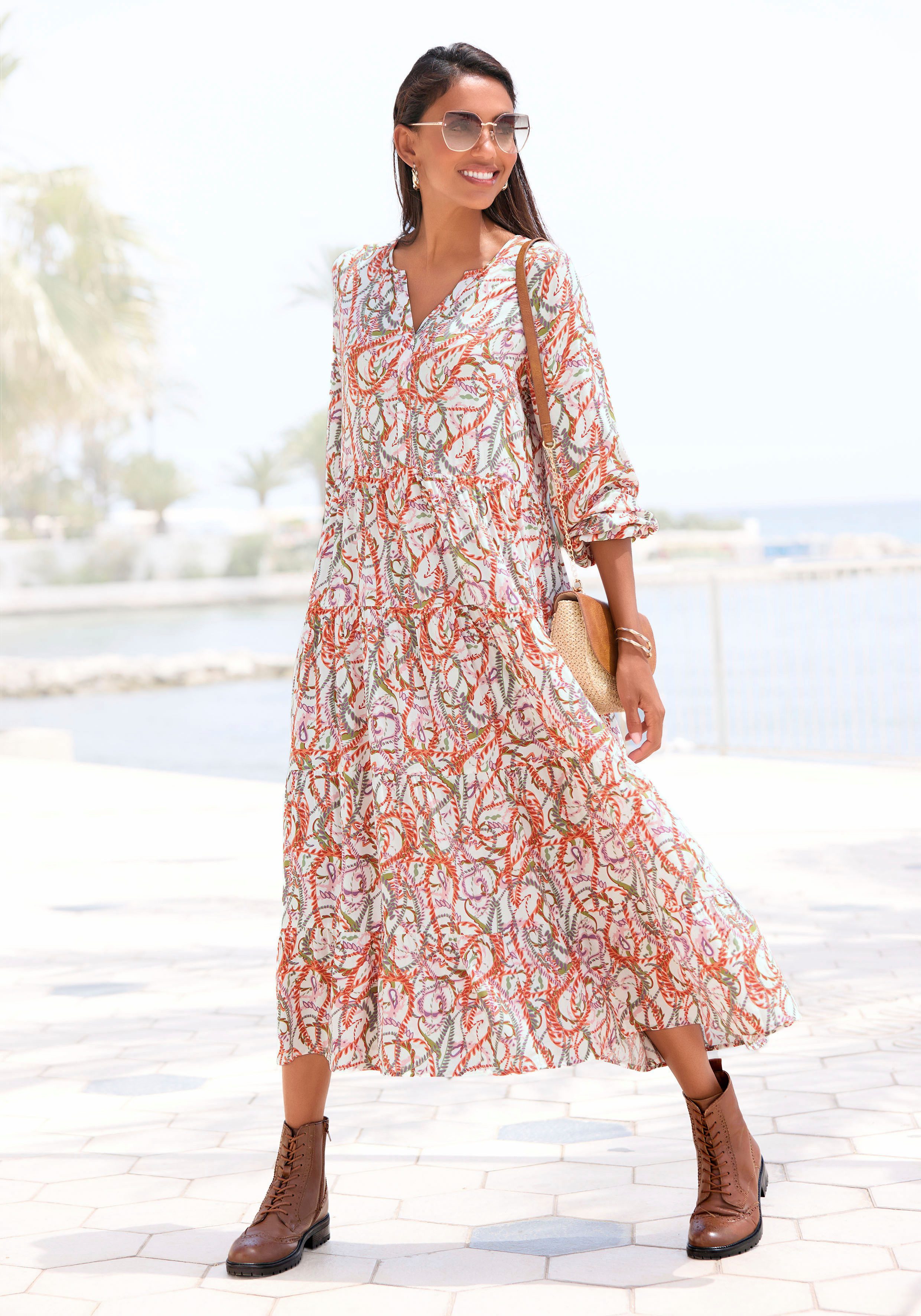 LASCANA Maxikleid, mit Alloverprint und Volants, langärmlig, Druckkleid, ca günstig online kaufen