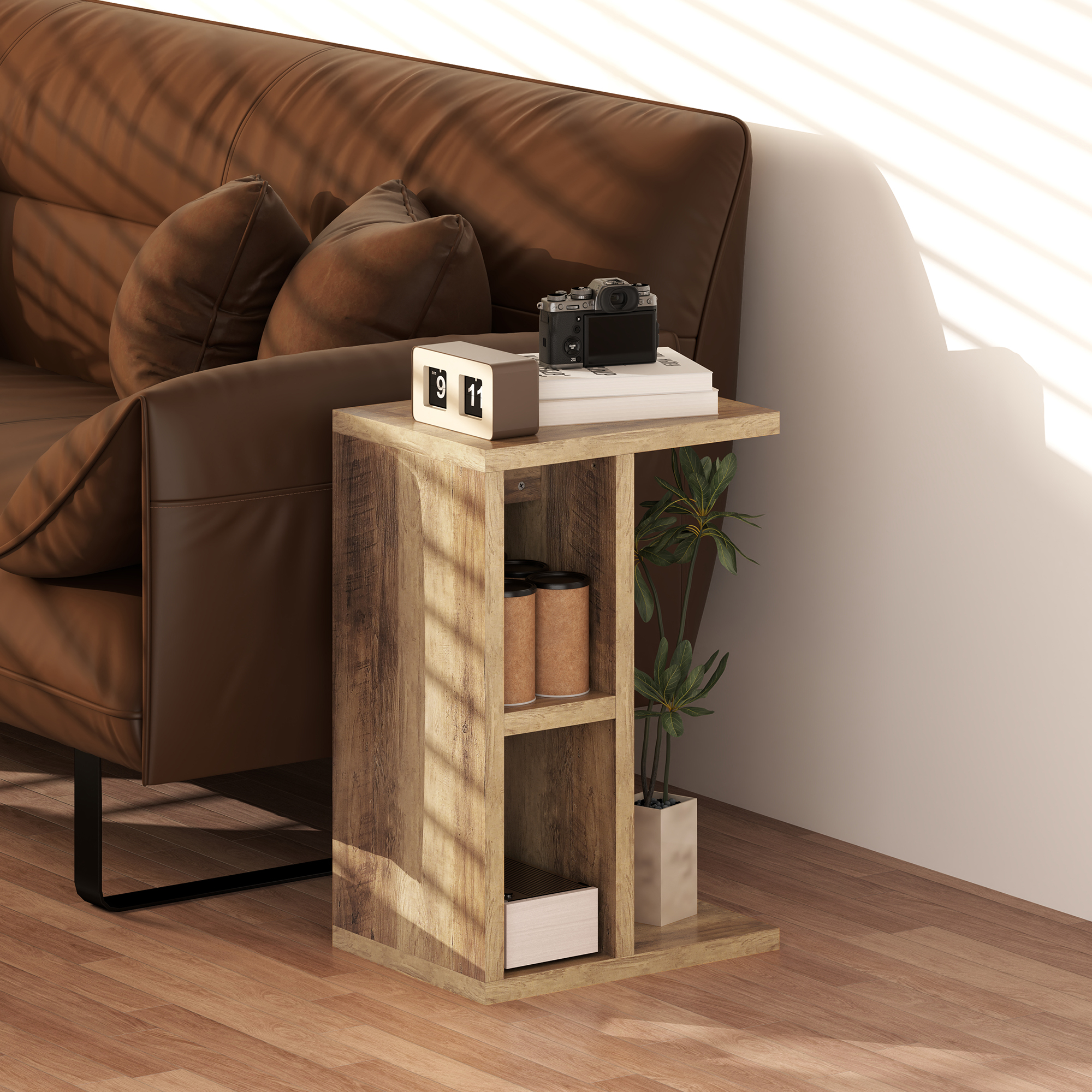 HOMCOM C-förmiger Couchtisch mit 3 Regalen und 2 offenen Fächern, Wohnzimme günstig online kaufen