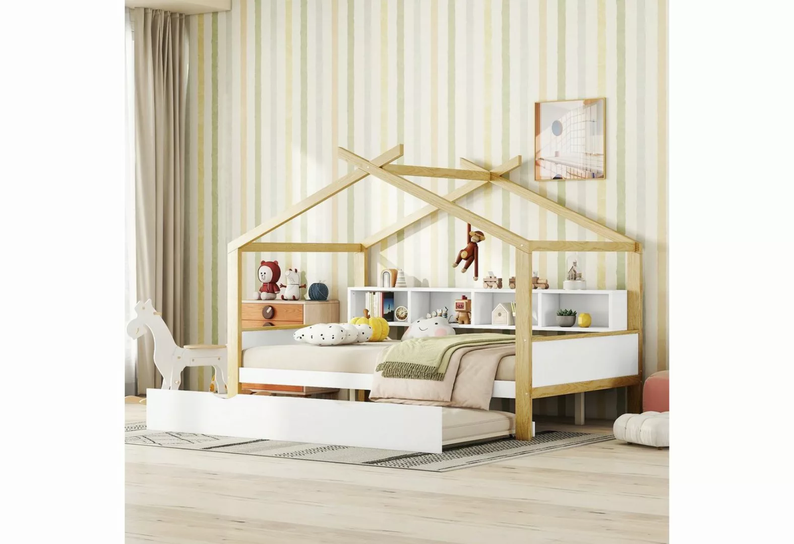 Ulife Kinderbett Hausbett, ausgestattet mit Ausziehbett,140*200 cm, Einziga günstig online kaufen