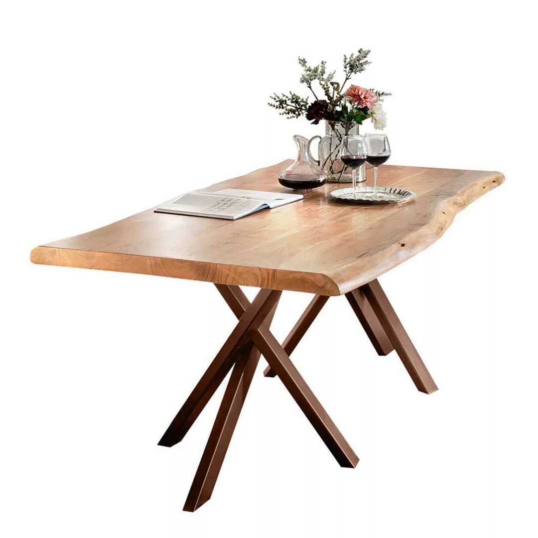 Baumkantentisch aus Akazie Massivholz antik Braun Stahl günstig online kaufen
