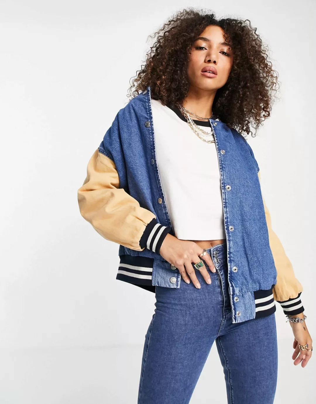 Topshop – College-Jacke aus Denim in Mittelblau günstig online kaufen