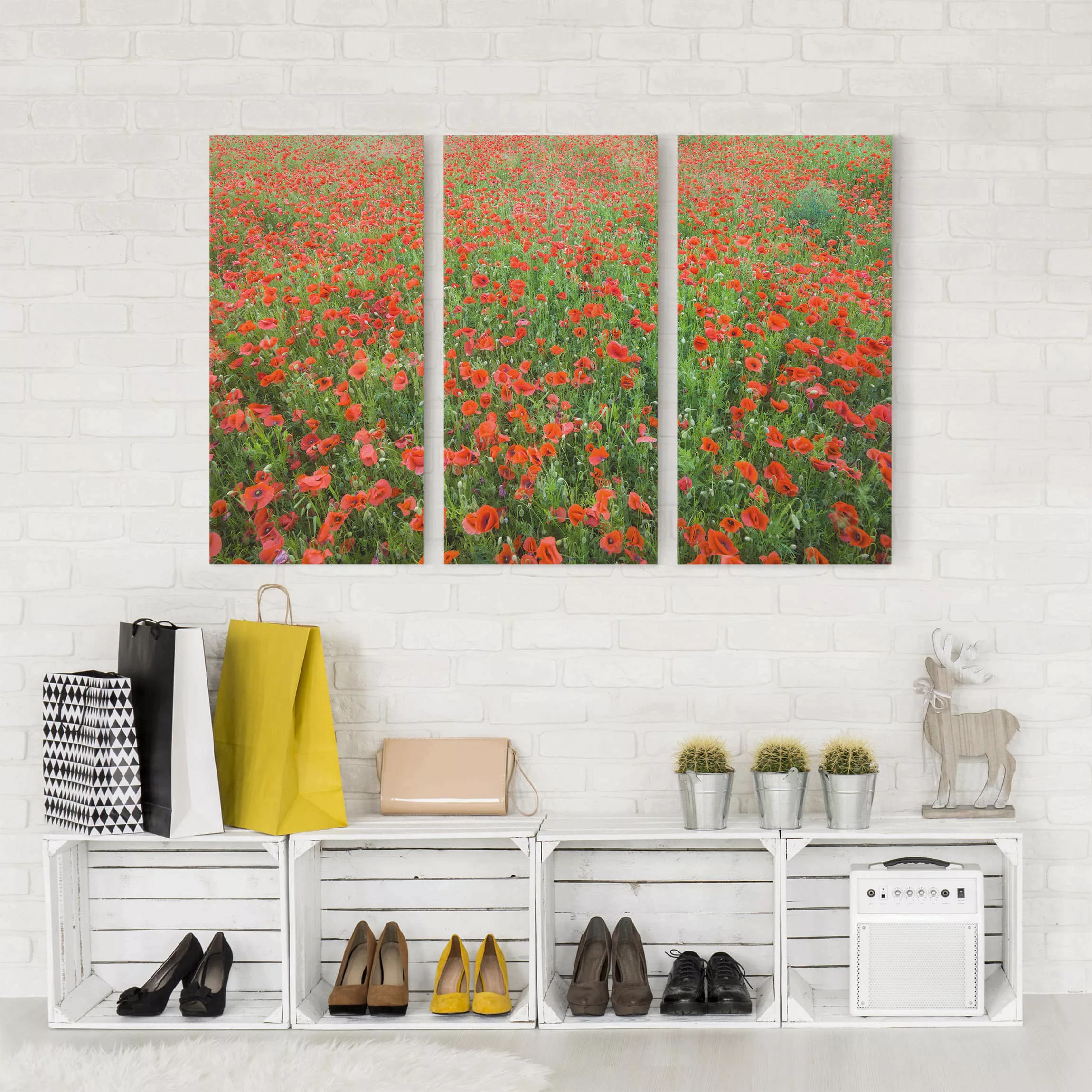 3-teiliges Leinwandbild Blumen - Querformat Mohnblumenfeld günstig online kaufen