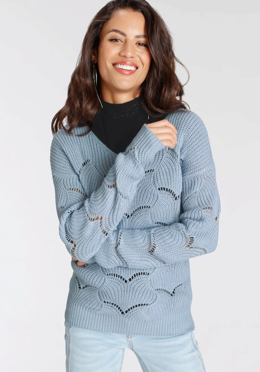 Laura Scott V-Ausschnitt-Pullover mit modischem Strickmuster günstig online kaufen
