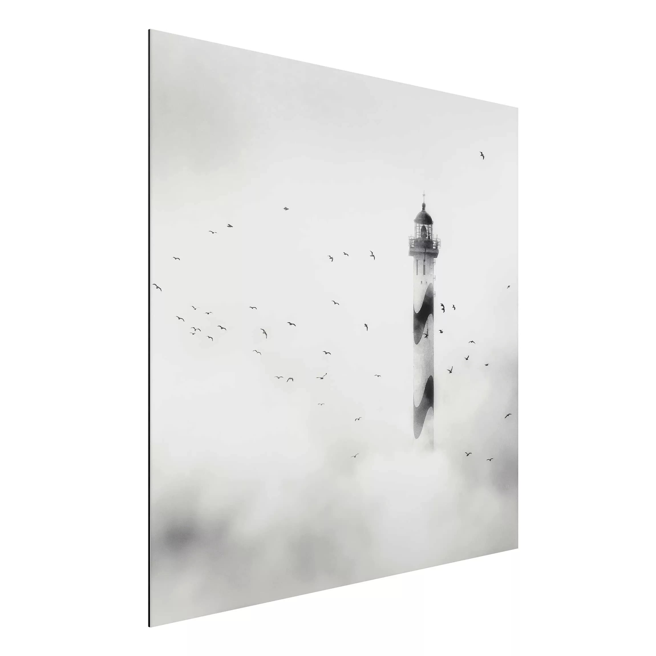 Alu-Dibond Bild Schwarz-Weiß - Quadrat Leuchtturm im Nebel günstig online kaufen