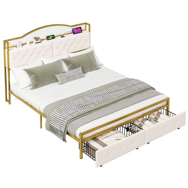 Yorbay Bettgestell Modern Gold Eisenrahmen Flachbett mit USB-Steckdose, mit günstig online kaufen