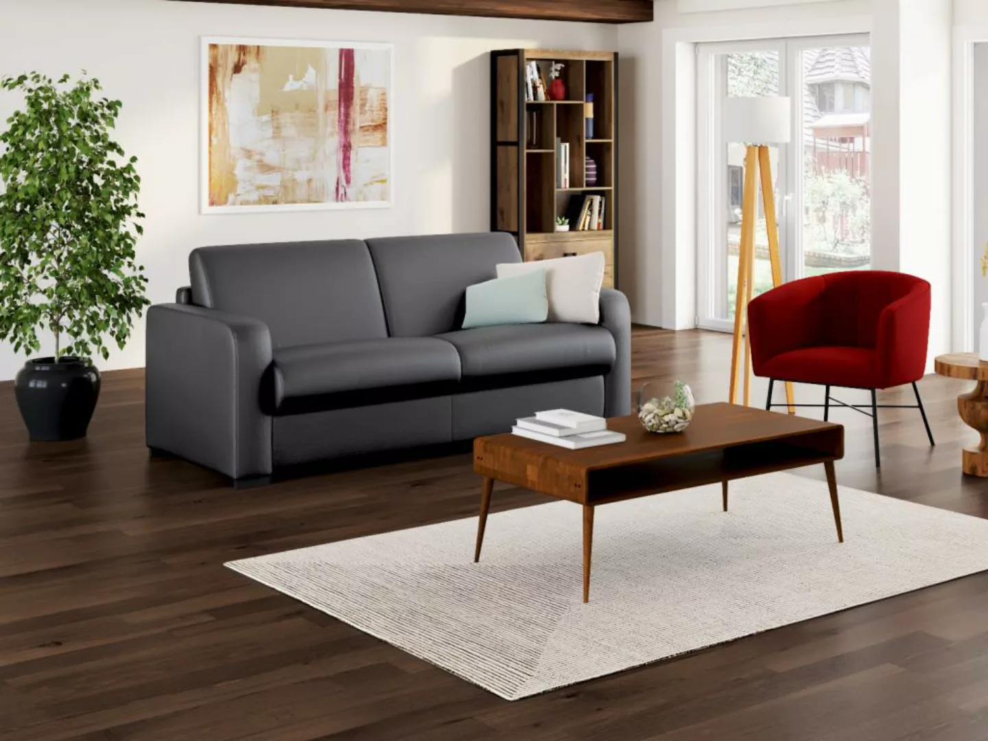 Schlafsofa mit Matratze 3-Sitzer - Matratze 22 cm - Leder - Grau - BEVIS günstig online kaufen