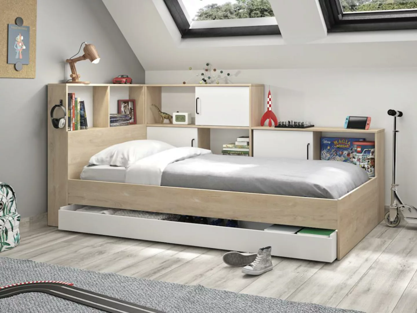 Bett mit Stauraum & Schublade - 90 x 200 cm - Naturfarben & Weiß - ARMAND günstig online kaufen