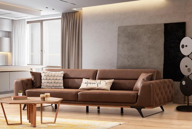 Xlmoebel Sofa Braune Kunstleder-Couch Chesterfield für vier Personen - Pols günstig online kaufen