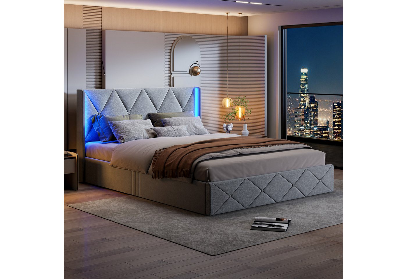 Furnishings Home Polsterbett Holzbett Doppelbett mit Stauraum und LED-Licht günstig online kaufen