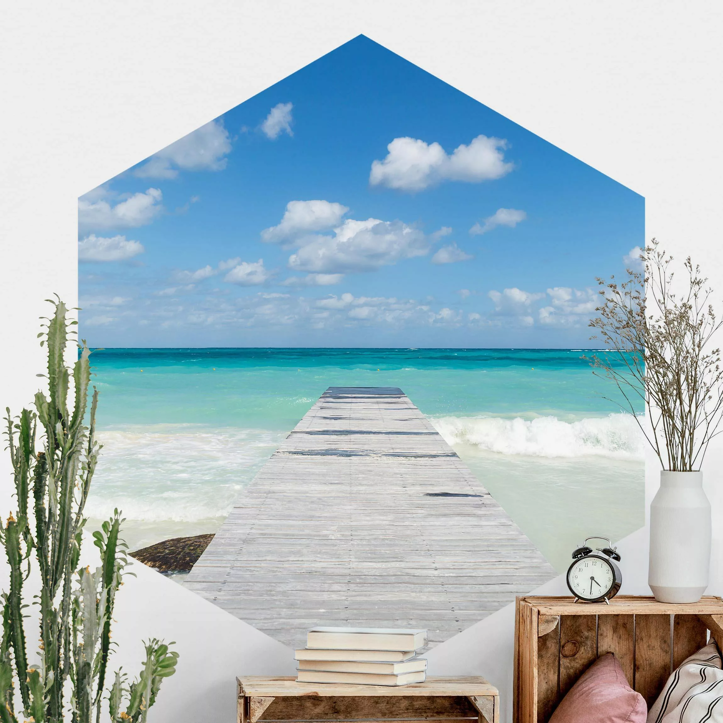 Hexagon Fototapete selbstklebend Steg ins Meer günstig online kaufen