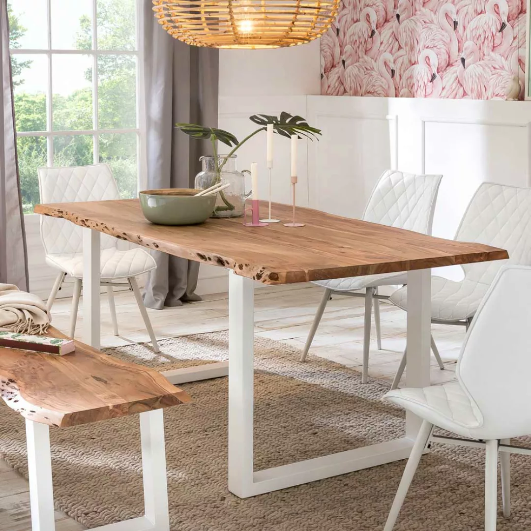 Baumkanten Esszimmertisch aus Akazie Massivholz Bügelgestell in Weiß günstig online kaufen
